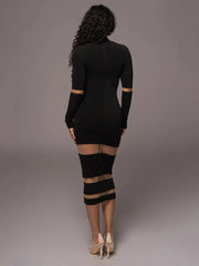 Mesh Patchwork Long Sleeve Midi Dress