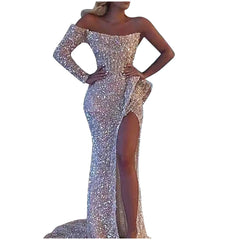 Sequins Mermaid Slash Neck One Shoulder Split Evening Dress