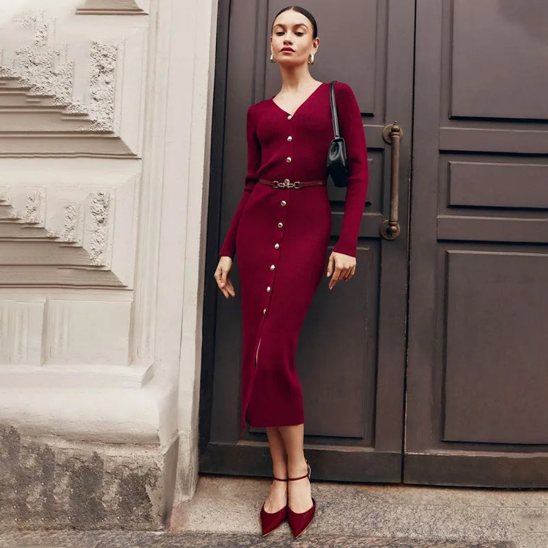 Burgundy Ribbed Patchwork Knitted Long Dress