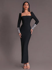 Women's Black Square Neck Long Sleeve Diamond Maxi Dress