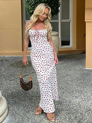 Open-Back Floral White Spaghetti Strap Long Dress