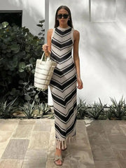 Knitted Tassel Striped Long Dress Bohemian Beachwear