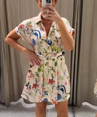 Printed Turn-Down Collar Short Sleeve Belt Mini Dress