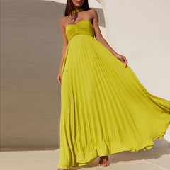 Pleated Off Shoulder Solid Swing Long Dress