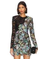 Sequin Floral Embroidered Lace Patchwork O Neck Mini Dress