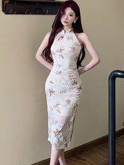 A woman wearing an elegant floral maxi dress with a flattering fit and a chic Korean-inspired style.