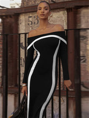 Off-Shoulder Black White Contrast High Waist Long Dress