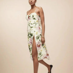 Flower Leaves Print Corset Hem Slit Lacing up Sling Midi Dress