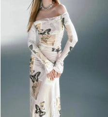 Long Sleeve Floral Print V-neck Thin Chiffon Maxi Dress