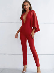 Single Sleeve V Neck Ruffles Red Jumpsuit