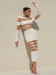 White Long Sleeve Mesh Patchwork Midi Dress