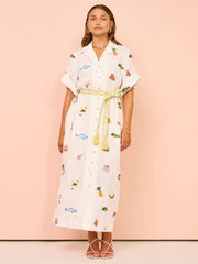 Women Printed Short Sleeve Belt Buttons Long Dress