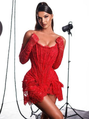 Strapless Corset Red Lace Mini Dress With Gloves