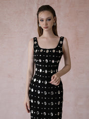 Diamonds Crystal Sleeveless Black Midi Dress