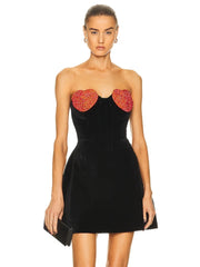 Strapless Heart Shape Crystal Velet A-line Mini Dress