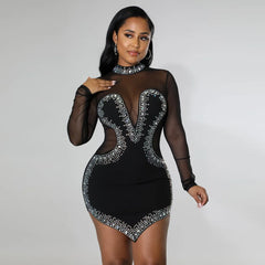 Rhinestones Mesh Patchwork Irregular Hem Mini Dress