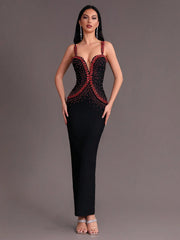 Black Red Gem Tight V-neck Sleeveless Long Dress