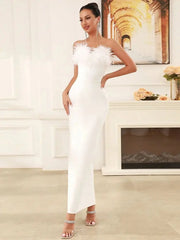 Women's Strapless Feather Solid Maxi Evening Dress