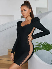 Women's Black Lace Patch Long Sleeve Tulle Mini Dress