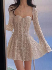 Beige Full Flare Sleeve Lace Mini Dress