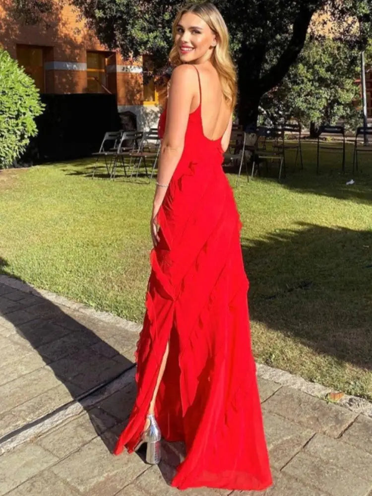 Woman’s Solid Color Open Back Slit Maxi Dress