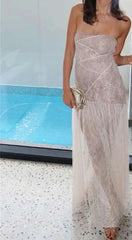 Slash Neck Open Shoulder Lace Sleeveless Maxi Dress