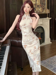 A woman wearing an elegant floral maxi dress with a flattering fit and a chic Korean-inspired style.