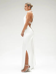 Halter Beaded Backless Satin Maxi Dress