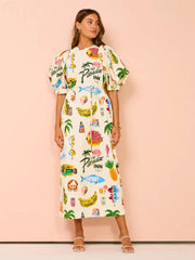 Printed Short Sleeve Empire Waist Loose Midi Drsses