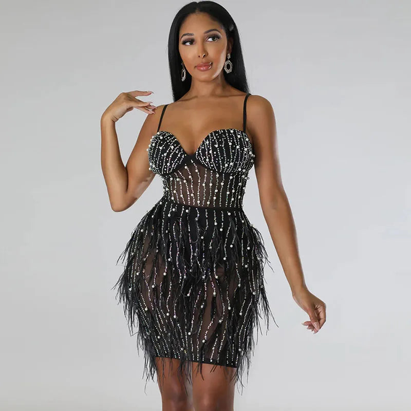 Pearls Feathers Rhinestone Sheer Mesh Mini Dress