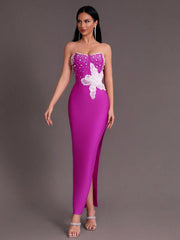 Women's Purple Beaded Strapless Side Split Long Dress