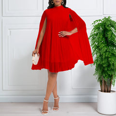 Chiffon Ruched Cloak Half High Neck Pleated Solid Short Dresses