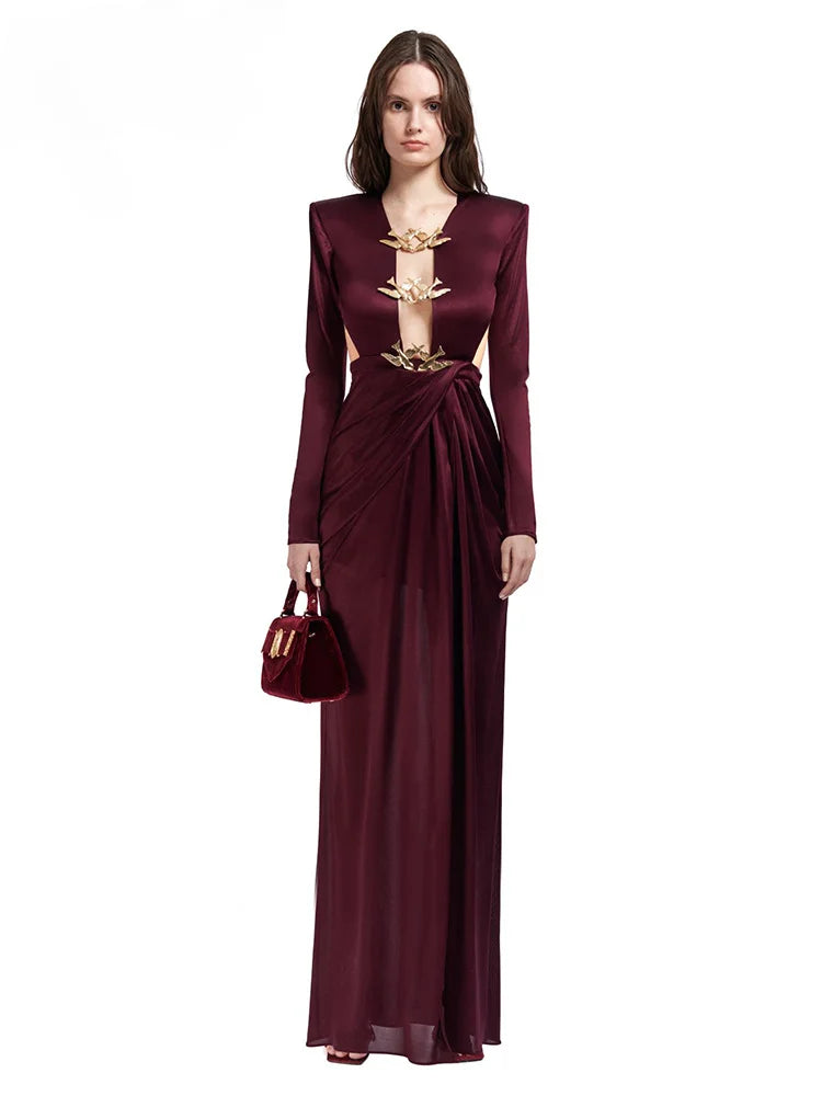 Burgandy Hollow Out Long Sleeve Silky Satin Maxi Dress