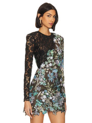 Sequin Floral Embroidered Lace Patchwork O Neck Mini Dress