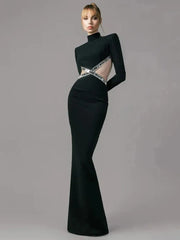 Backless Crystal Long Sleeve Black Maxi Dress