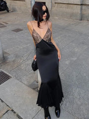 Lace Splice Deep V Neck Mesh Long Dress