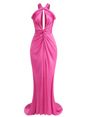 Halter Neck Sleeveless Pink Maxi Dress