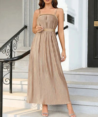  Women's Sling Sleeveless Pleated Long Dresses