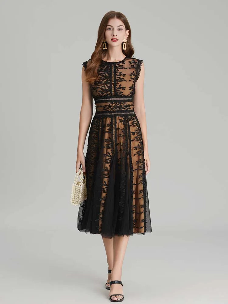 Black Mesh Lace Embroidery Midi dress