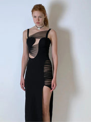 Mesh Black Spaghetti Strap High Split Long Dress