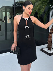 Bow Sleeveless Halter Black Mini Dress