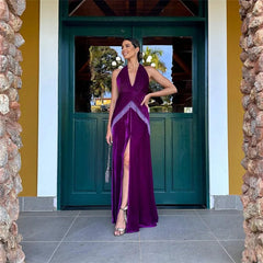 Purple Halter V-neck Slit Backless Ankle Length Dress