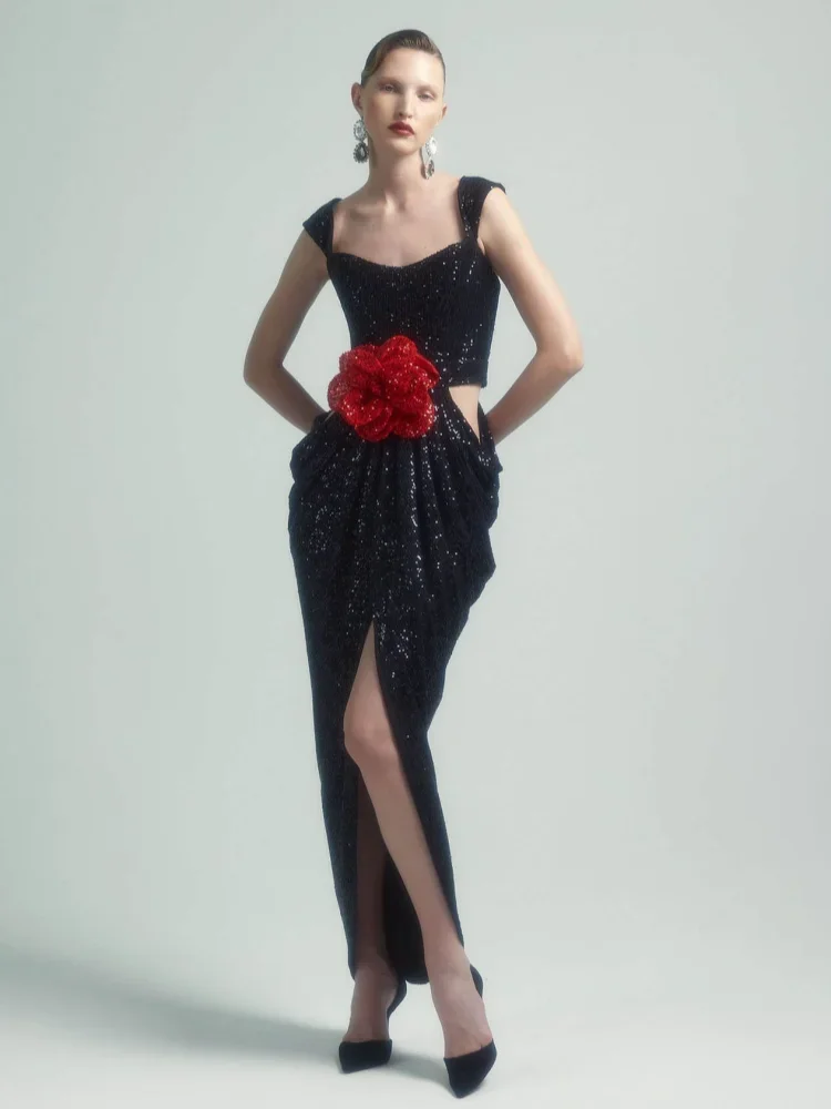 Black 3D Flower Shiny Sequins Long Dress