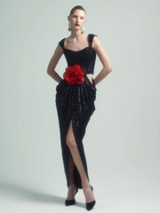 Black 3D Flower Shiny Sequins Long Dress