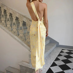 Yellow Printed Halter Hollow Out Long Dress