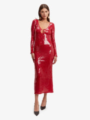 Red Lace-up Long Sleeves Sequin Midi Dress