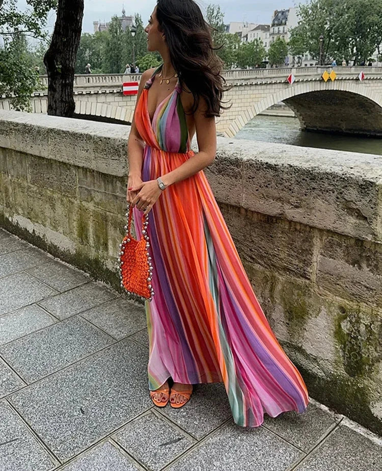 Colorful Stripes Printed Halter Maxi Dress