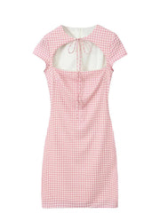 Pink Short Sleeves Plaid Bow Lace up Mini Dress