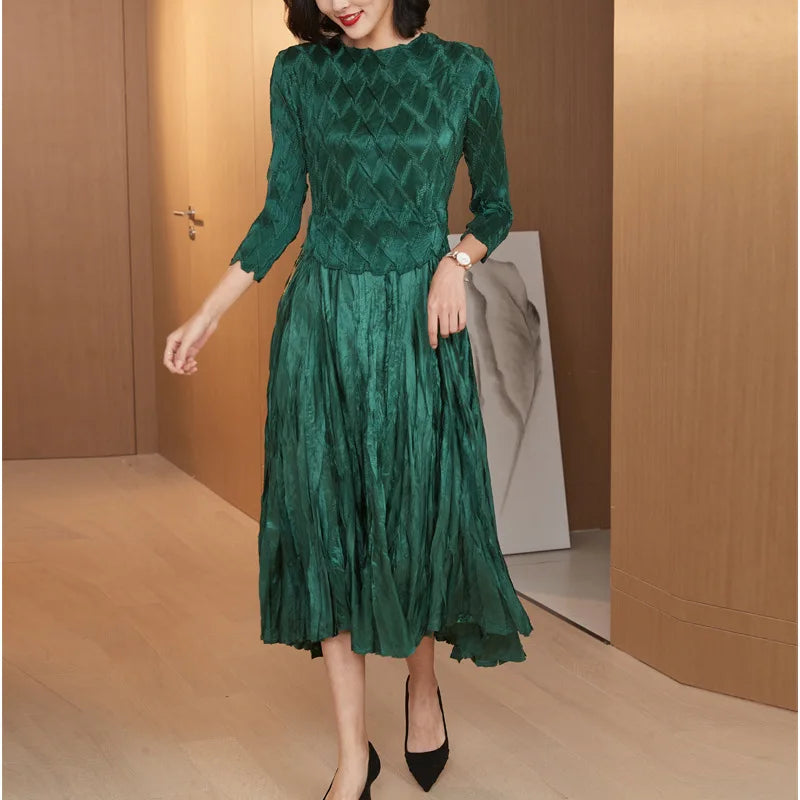 Folds Long Sleeve Pleated Solid Green Midi Dress