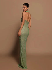 Halter Deep V Neck Sequins Green Long Dress